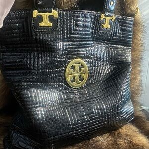 Tory Burch Shiny Black Quilted Tote with Gold Accents